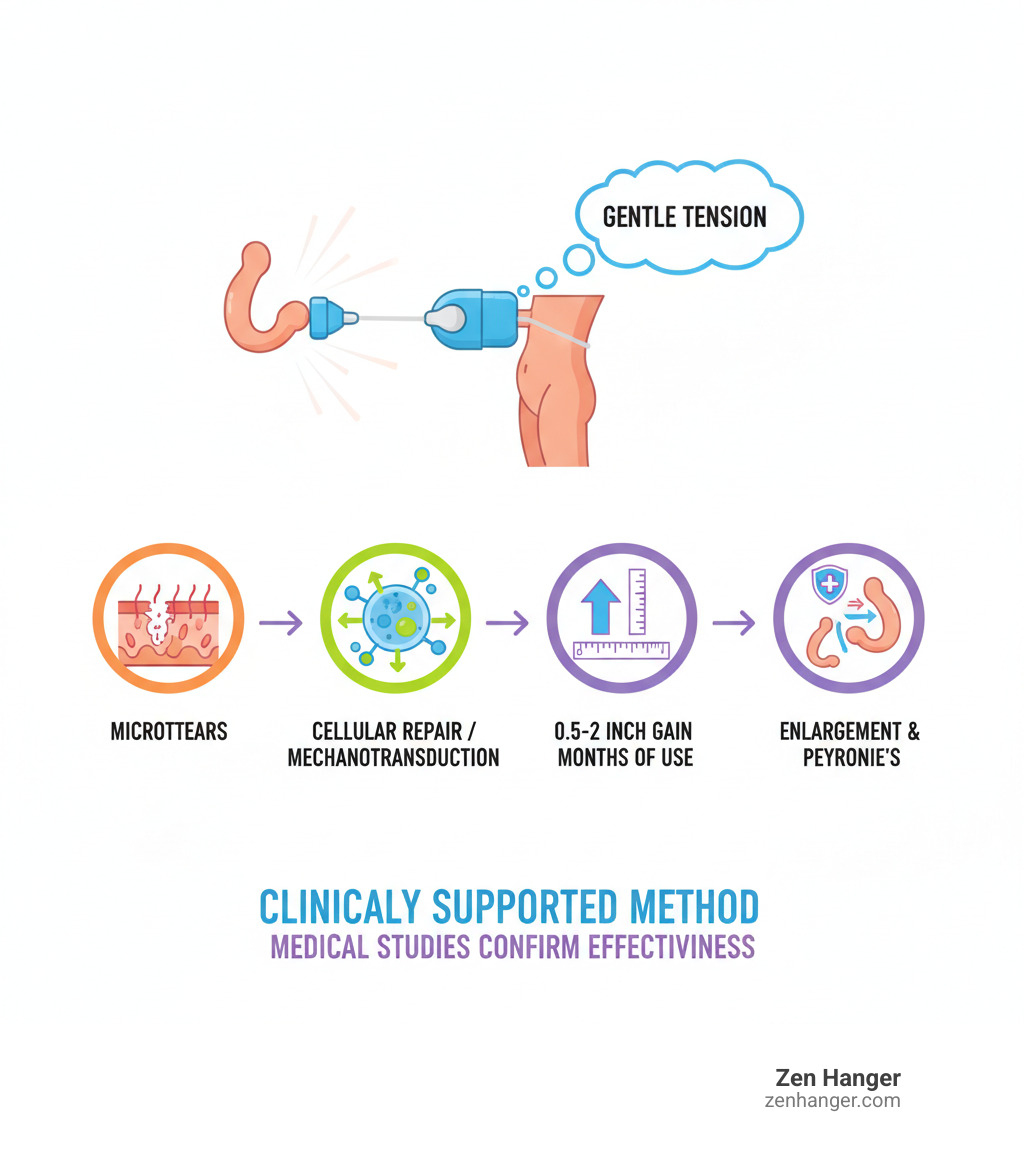 Infographic showing how penile traction therapy works: gentle tension applied to penis creates microtears in tissue, body repairs tissue by creating new cells through mechanotransduction process, consistent daily use over months leads to permanent length gains of 0.5-2 inches, medical studies show effectiveness for both enlargement and Peyronie's disease treatment - penis stretcher reviews infographic Infographic showing how penile traction therapy works: gentle tension applied to penis creates microtears in tissue, body repairs tissue by creating new cells through mechanotransduction process, consistent daily use over months leads to permanent length gains of 0.5-2 inches, medical studies show effectiveness for both enlargement and Peyronie's disease treatment - penis stretcher reviews infographic