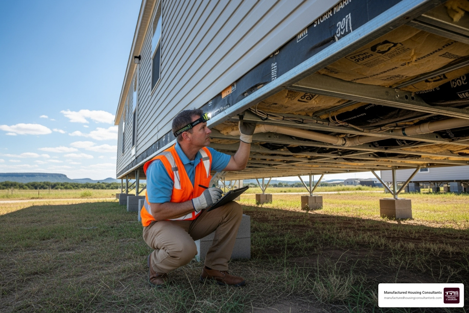 a home inspector examining the underside of a manufactured home - bank repossessed manufactured homes