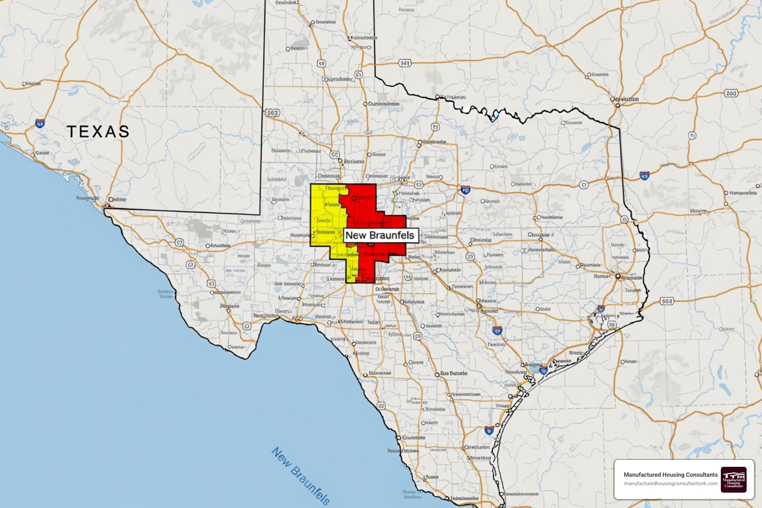 a map of Texas highlighting the New Braunfels area - bank repossessed manufactured homes
