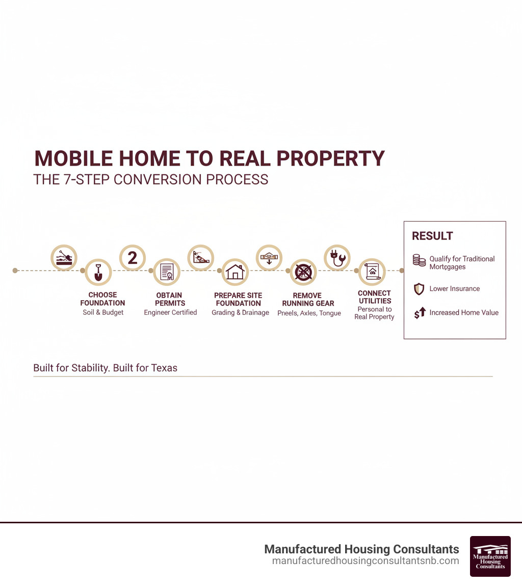 infographic showing the process of converting a mobile home to real property: Step 1 - Choose foundation type based on soil and budget; Step 2 - Obtain permits and engineer certification; Step 3 - Prepare site with proper grading and drainage; Step 4 - Install foundation with proper anchoring; Step 5 - Remove wheels, axles, and tongue; Step 6 - Connect utilities and complete inspection; Step 7 - Convert title from personal to real property; Result - Qualify for traditional mortgages, lower insurance, increased home value - putting a mobile home on a foundation infographic infographic showing the process of converting a mobile home to real property: Step 1 - Choose foundation type based on soil and budget; Step 2 - Obtain permits and engineer certification; Step 3 - Prepare site with proper grading and drainage; Step 4 - Install foundation with proper anchoring; Step 5 - Remove wheels, axles, and tongue; Step 6 - Connect utilities and complete inspection; Step 7 - Convert title from personal to real property; Result - Qualify for traditional mortgages, lower insurance, increased home value - putting a mobile home on a foundation infographic