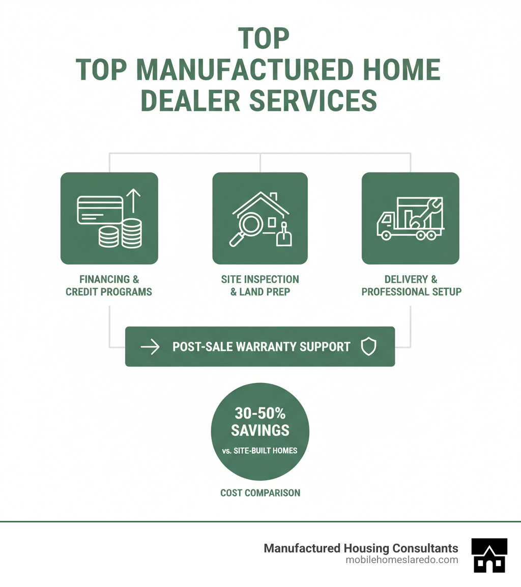 Infographic showing the key services offered by top manufactured home dealers: financing assistance and credit programs on the left, site inspection and land preparation in the center, delivery and professional setup on the right, and post-sale warranty support at the bottom, with cost comparison showing 30-50% savings versus site-built homes - Best manufactured home dealers infographic Infographic showing the key services offered by top manufactured home dealers: financing assistance and credit programs on the left, site inspection and land preparation in the center, delivery and professional setup on the right, and post-sale warranty support at the bottom, with cost comparison showing 30-50% savings versus site-built homes - Best manufactured home dealers infographic