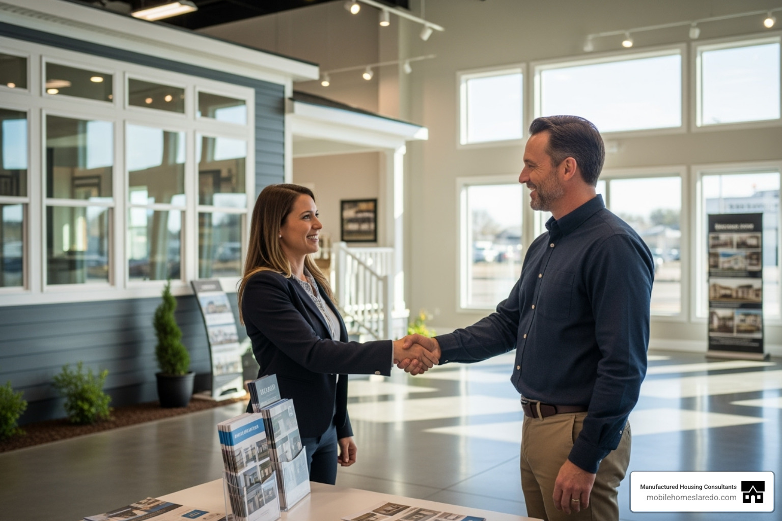 A customer shaking hands with a friendly manufactured home dealer representative in a modern showroom - Best manufactured home dealers A customer shaking hands with a friendly manufactured home dealer representative in a modern showroom - Best manufactured home dealers