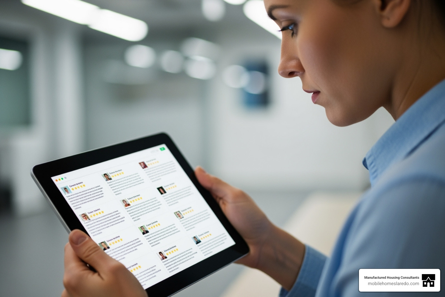 A person reading online reviews and testimonials for manufactured home dealers on a tablet - Best manufactured home dealers A person reading online reviews and testimonials for manufactured home dealers on a tablet - Best manufactured home dealers