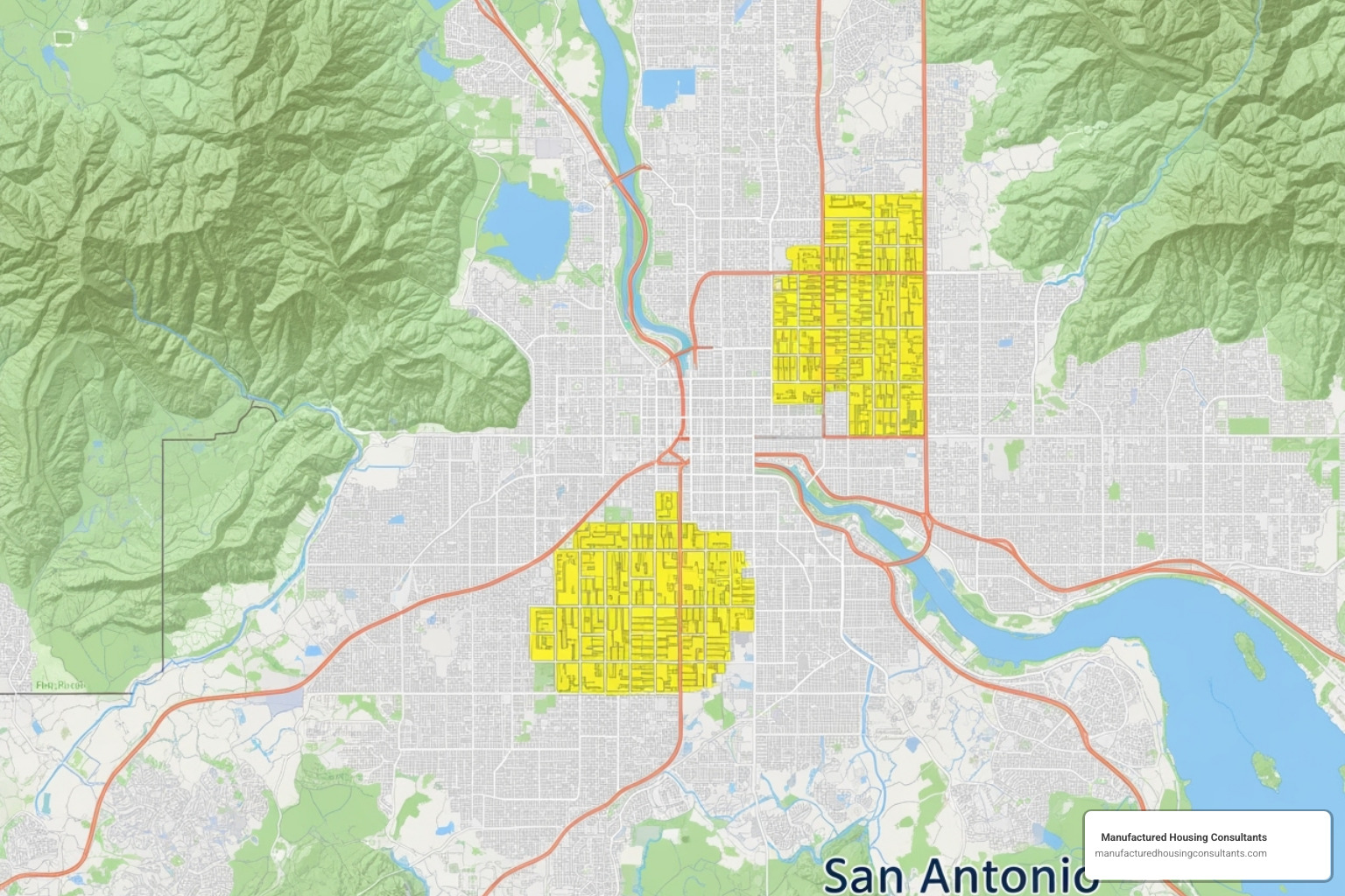 map of San Antonio highlighting popular areas for mobile homes - mobile home land for sale in san antonio