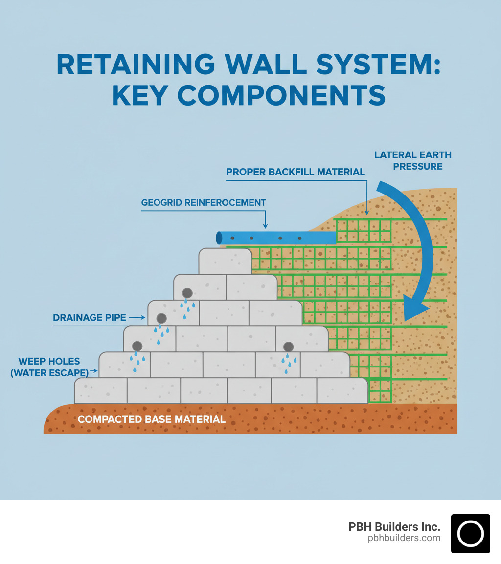 infographic showing the key components of a retaining wall system including drainage pipes, geogrid reinforcement layers, compacted base material, weep holes for water escape, lateral earth pressure forces, and proper backfill material - retaining wall companies infographic 
