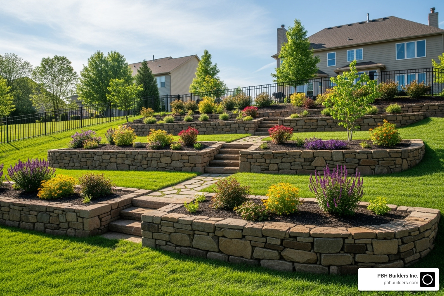 sloped yard transformed with a retaining wall - retaining wall companies