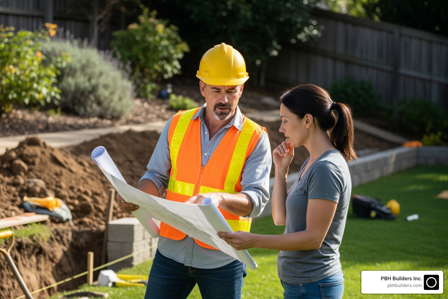 professional contractor discussing plans with a homeowner on-site - retaining wall companies