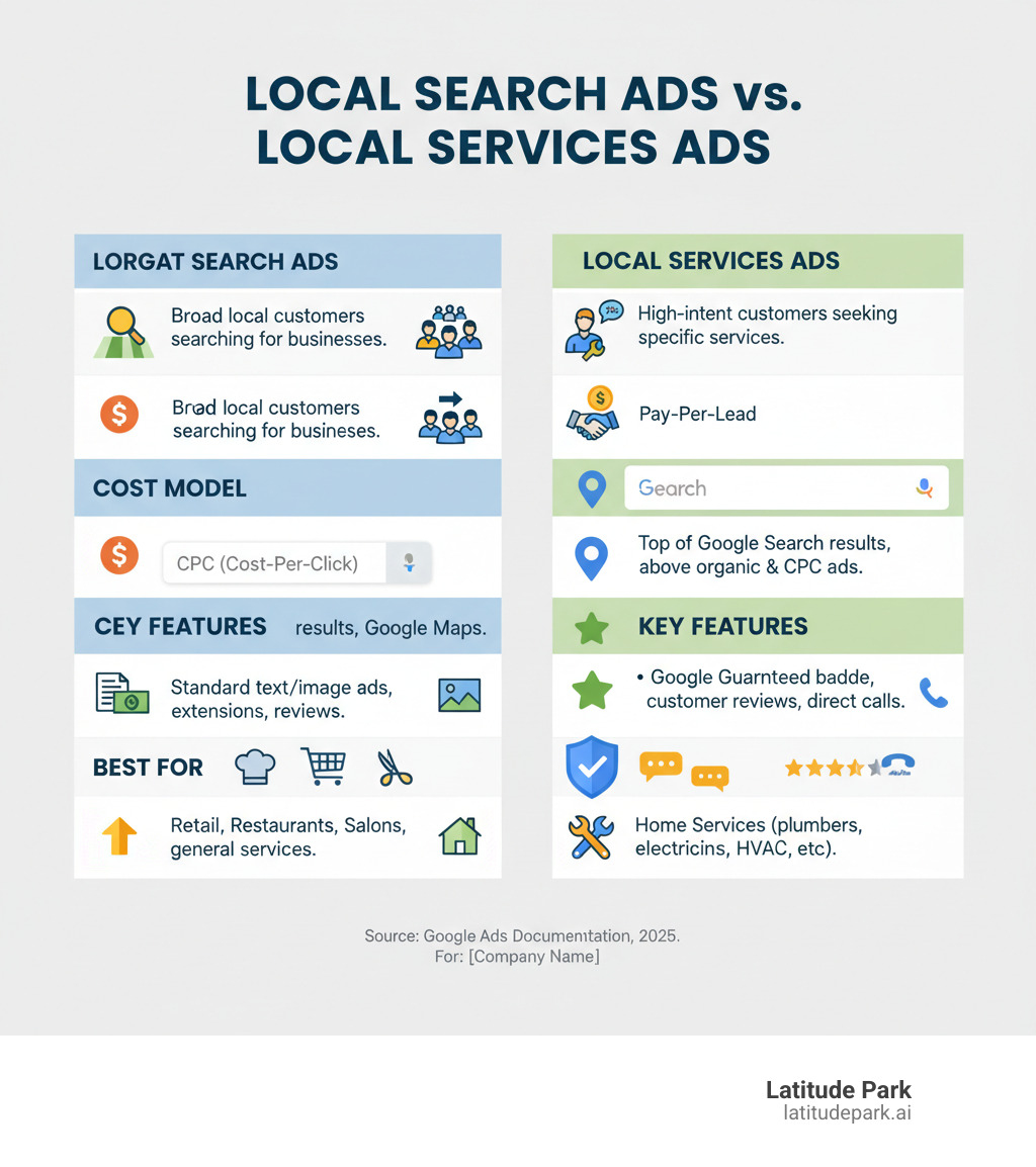 Table comparing Local Search Ads vs. Local Services Ads on criteria such as: Target Audience, Cost Model (CPC vs. Pay-per-lead), Placement, Key Features (e.g., Google Guaranteed badge), and Best For (e.g., Retail/Restaurants vs. Home Services). - search local ads infographic 
