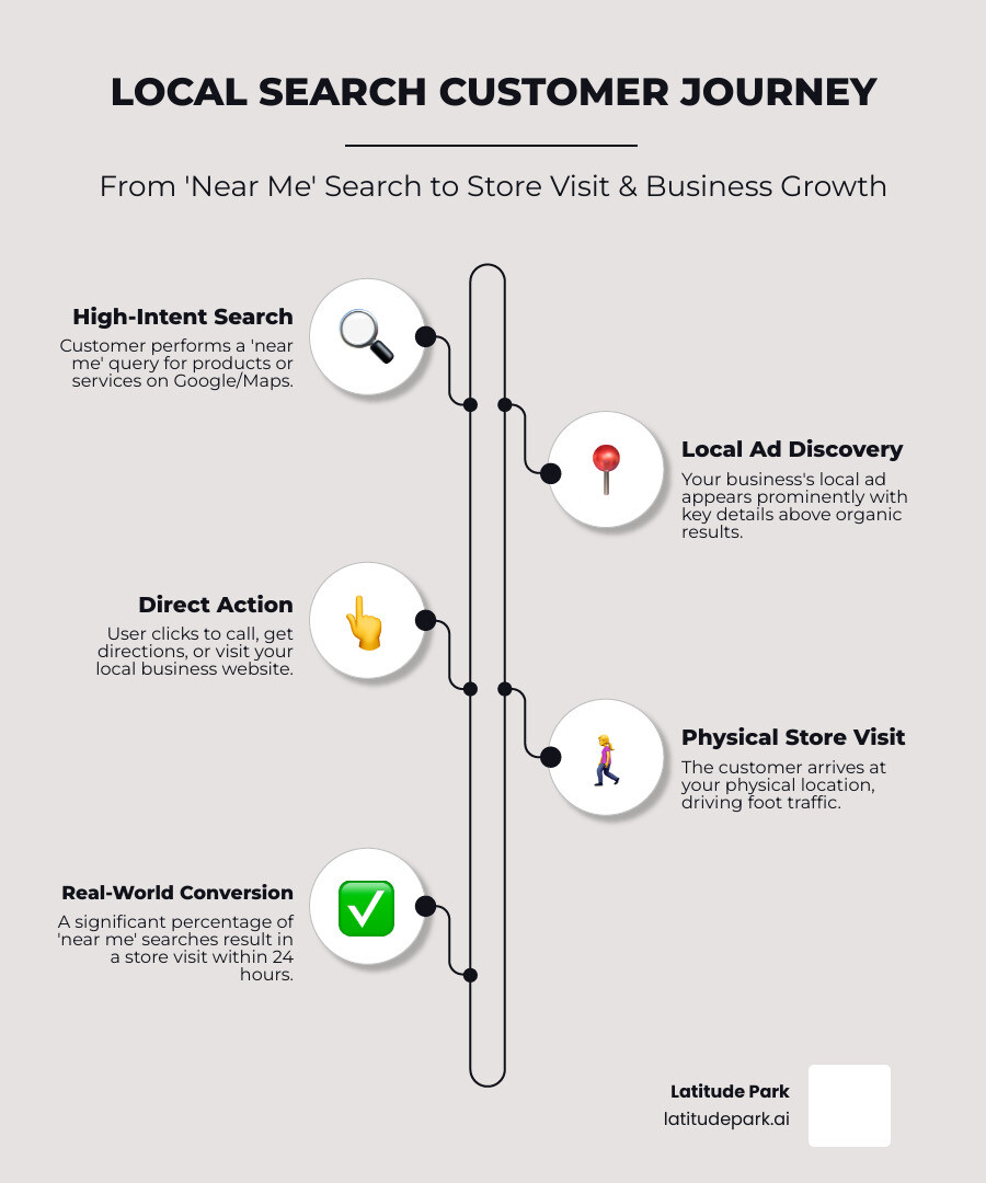 Infographic showing the customer journey from local search query to store visit, including key touchpoints: user searches on Google/Maps, sees local ad with business details, clicks for directions or calls, and visits physical location. Statistics show percentage of "near me" searches resulting in store visits within 24 hours - search local ads infographic infographic-line-5-steps-elegant_beige
