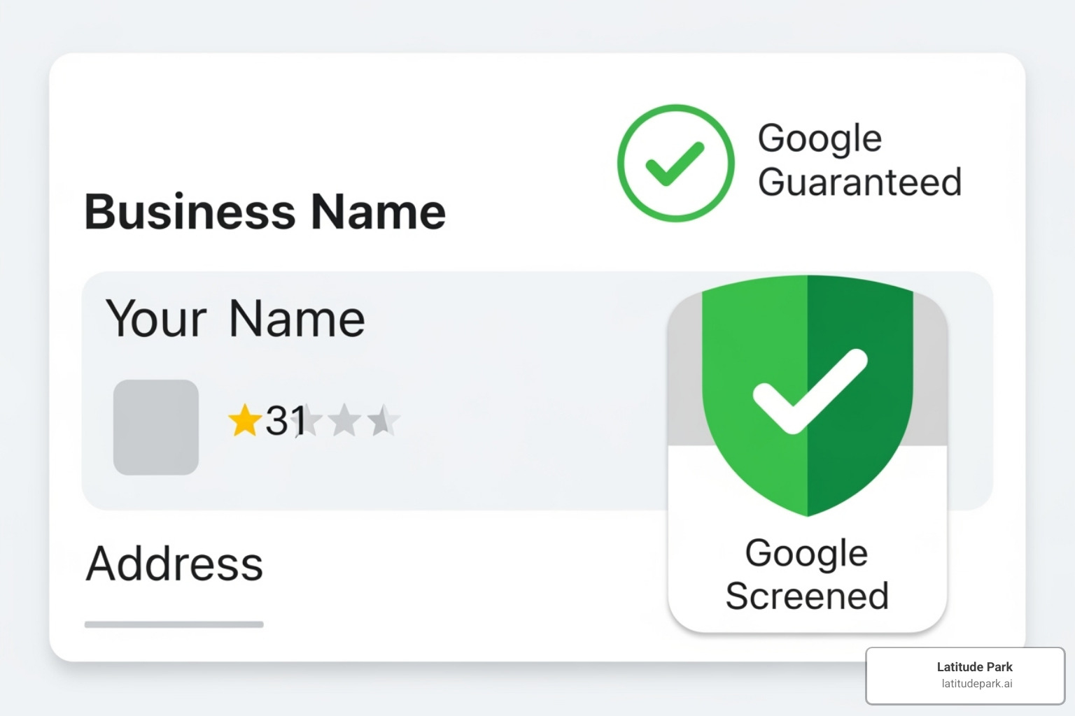Image of the green "Google Guaranteed" checkmark badge and the "Google Screened" badge displayed next to a business listing. - search local ads