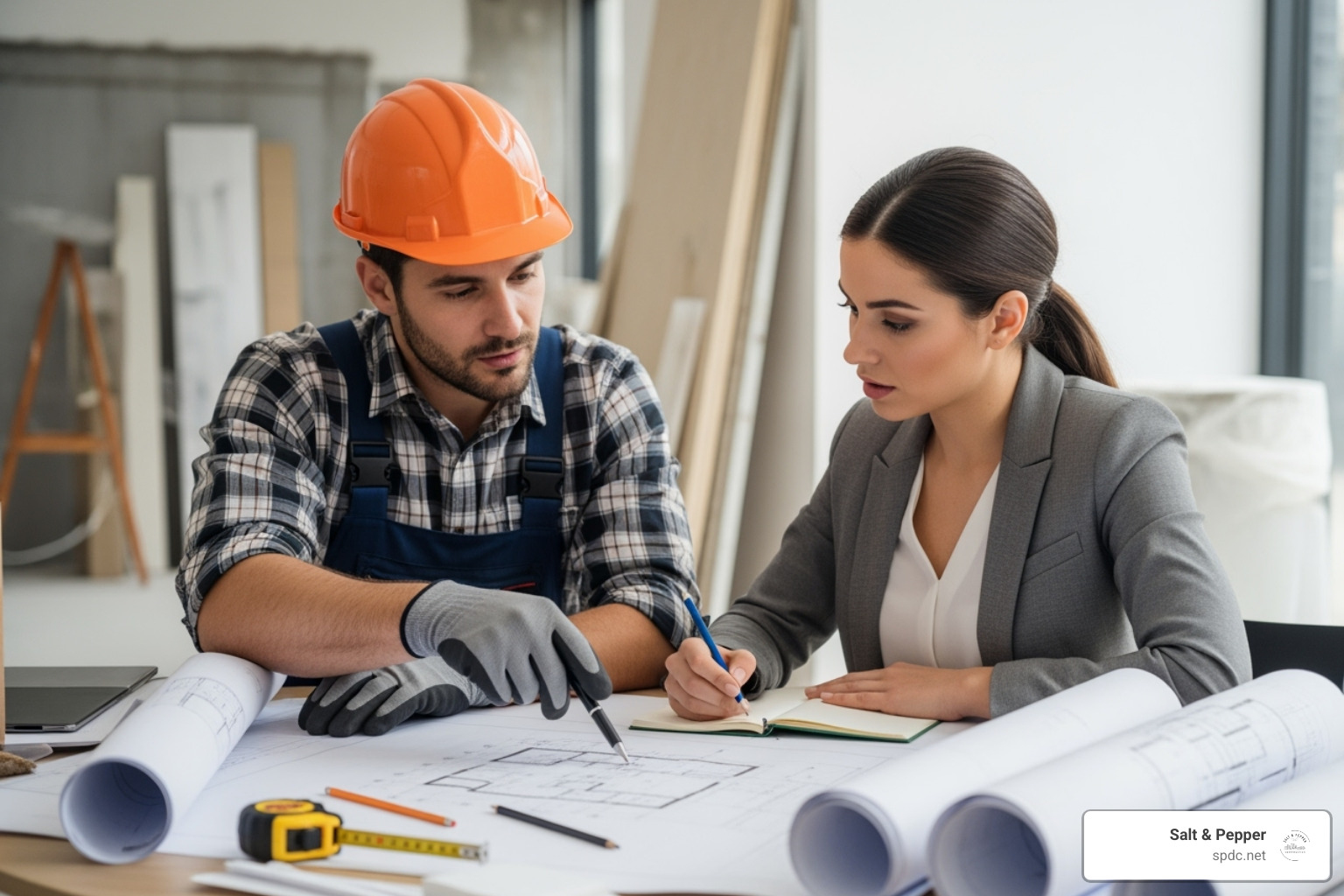 builder and homeowner reviewing architectural plans - renovation builder near me