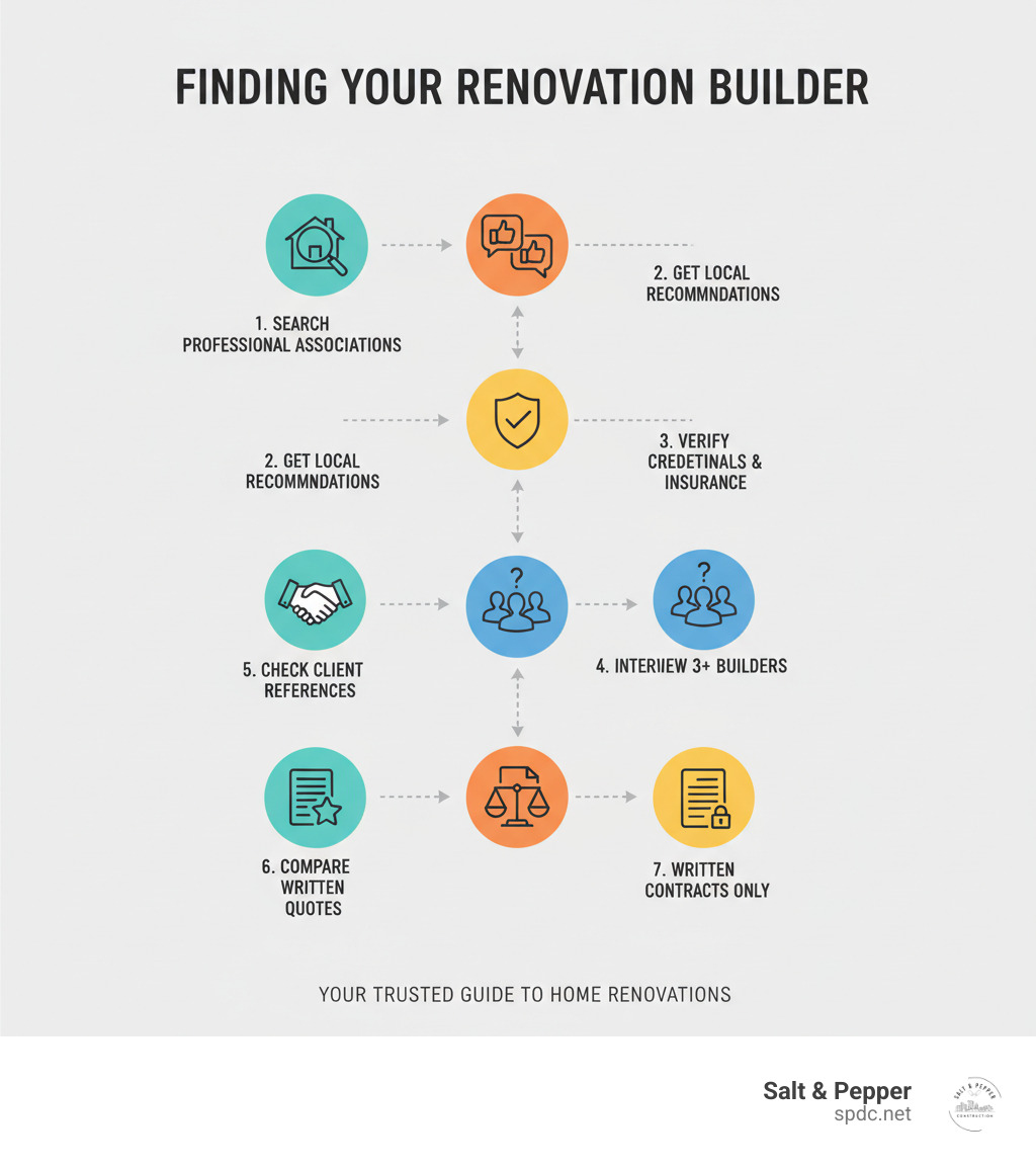 Infographic showing the key steps to finding a renovation builder: 1. Search professional associations like CHBA and RenoMark, 2. Get local recommendations from trusted sources, 3. Verify insurance and licensing credentials, 4. Interview at least 3 builders with detailed questions, 5. Check references from past clients, 6. Compare written quotes carefully, 7. Avoid cash deals and insist on written contracts - renovation builder near me infographic 