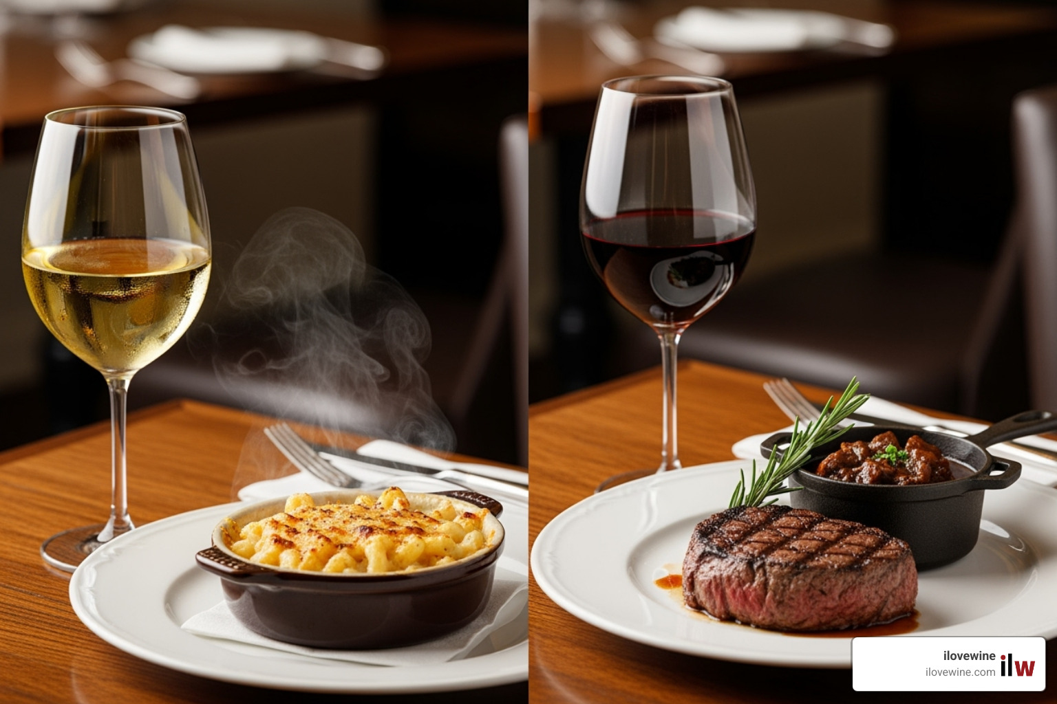 two wine glasses with different food pairings, one contrasting, one congruent - wine pairing for beginners two wine glasses with different food pairings, one contrasting, one congruent - wine pairing for beginners