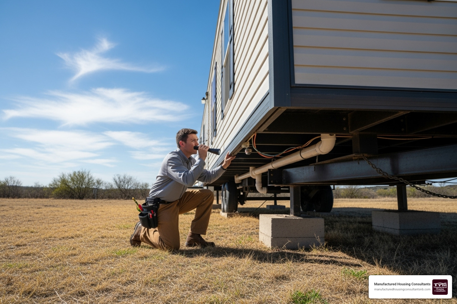 Person inspecting the underside of a mobile home - bank repossessed mobile homes Person inspecting the underside of a mobile home - bank repossessed mobile homes