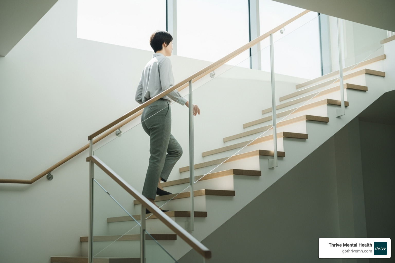 A person ascending a staircase, symbolizing progress through different levels of outpatient care, from standard therapy to IOP and PHP. - outpatient psychiatric treatment A person ascending a staircase, symbolizing progress through different levels of outpatient care, from standard therapy to IOP and PHP. - outpatient psychiatric treatment