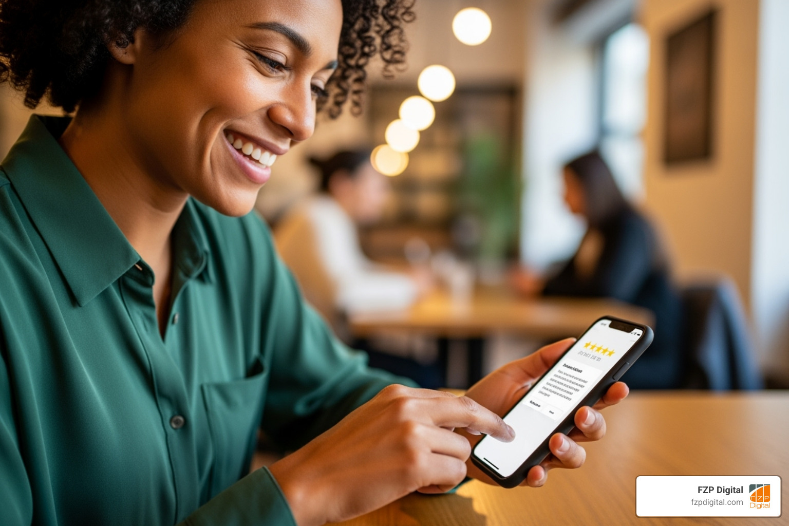 happy customer leaving review on phone - online review solutions