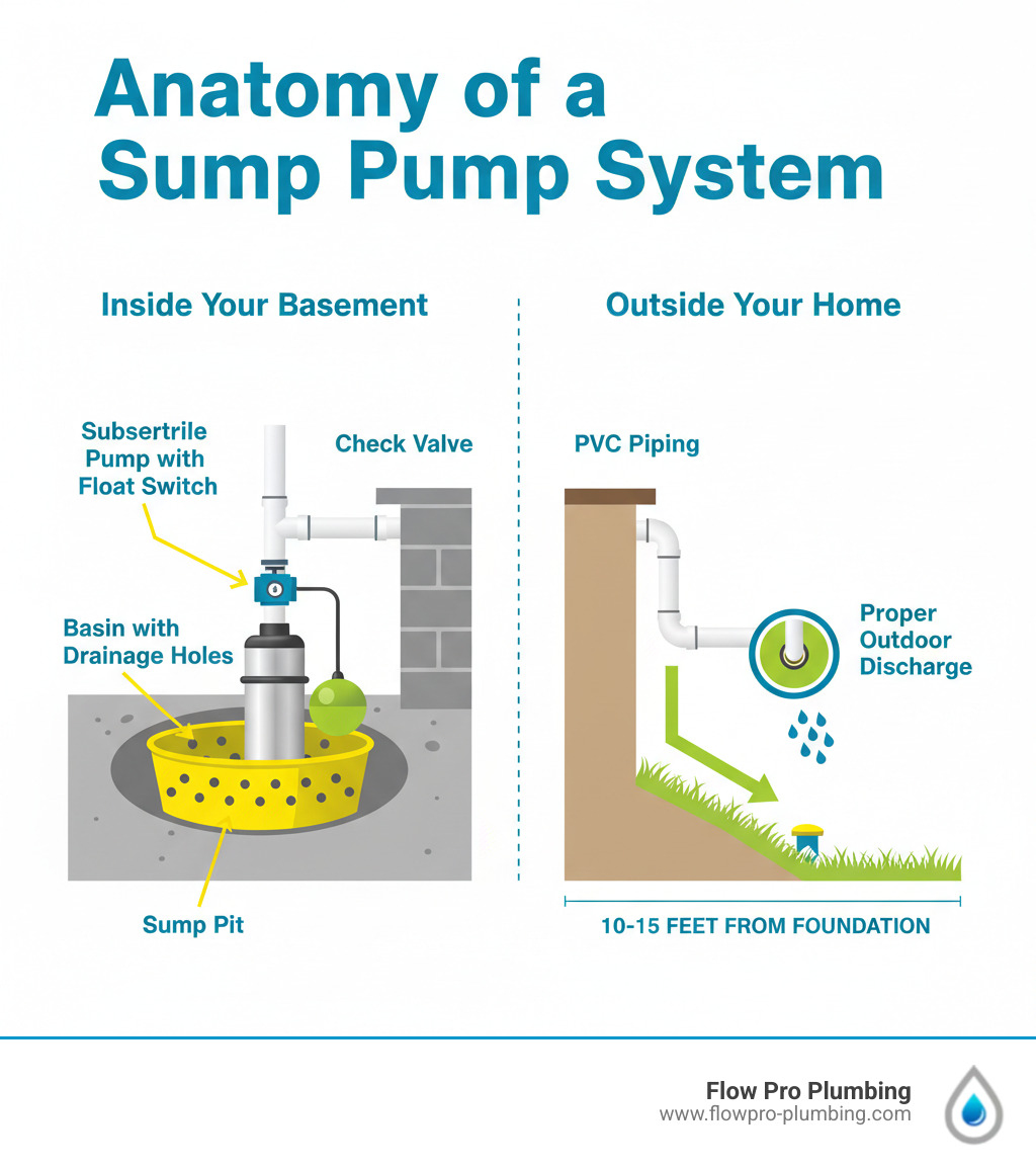 Infographic showing the anatomy of a complete sump pump system including the sump pit, basin with drainage holes, submersible pump with float switch, check valve on discharge pipe, PVC piping routing through basement wall, and proper outdoor discharge point 10-15 feet from foundation with downward slope - install basement sump pump infographic Infographic showing the anatomy of a complete sump pump system including the sump pit, basin with drainage holes, submersible pump with float switch, check valve on discharge pipe, PVC piping routing through basement wall, and proper outdoor discharge point 10-15 feet from foundation with downward slope - install basement sump pump infographic