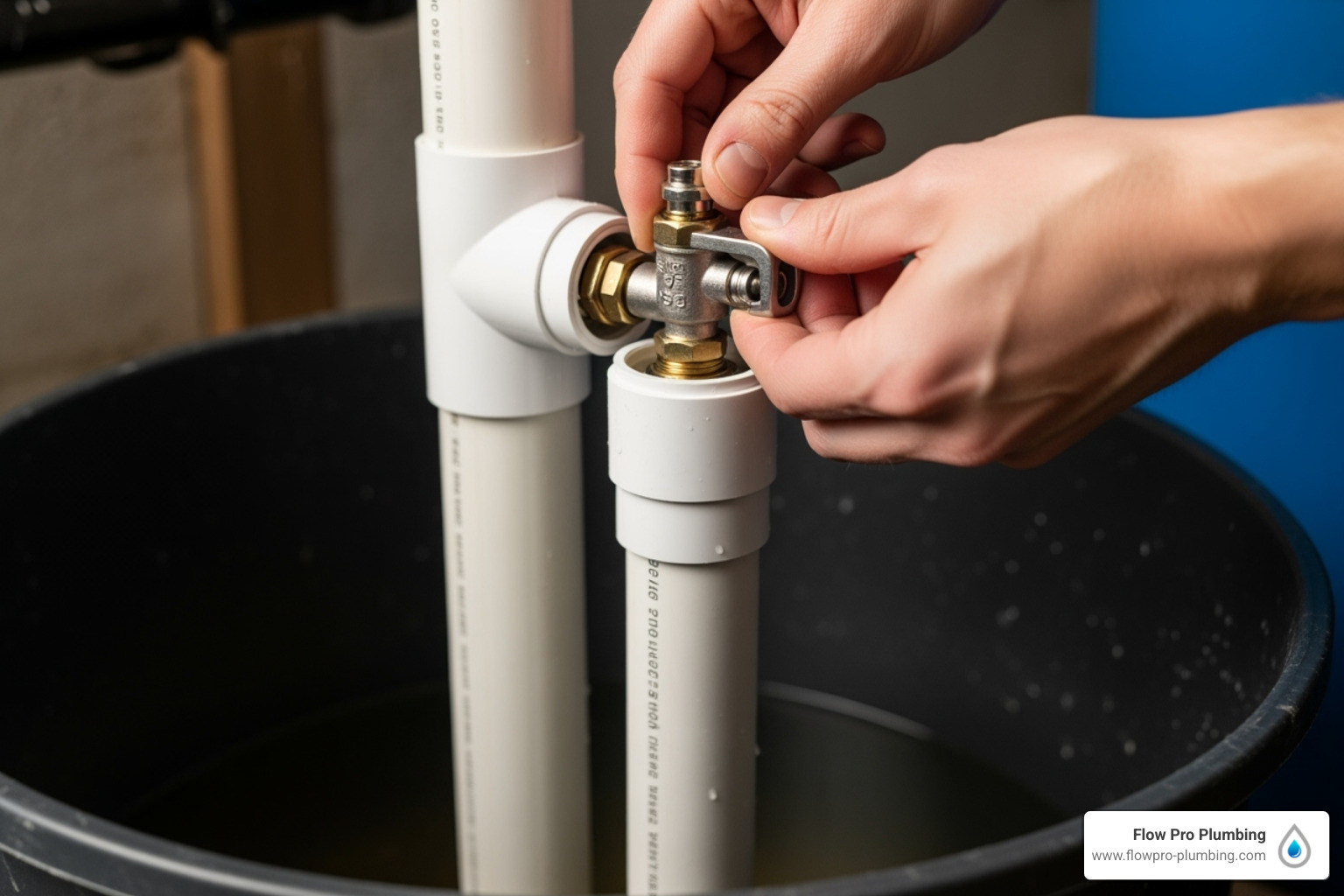 check valve being installed on a PVC discharge pipe - install basement sump pump check valve being installed on a PVC discharge pipe - install basement sump pump
