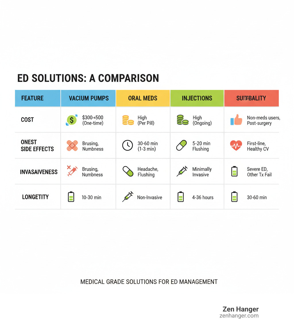 Comparison table showing Zen Hanger Penis Pumps vs. other non-surgical approaches for erectile dysfunction, detailing cost, onset of action, side effects, and invasiveness - penis pump pictures infographic