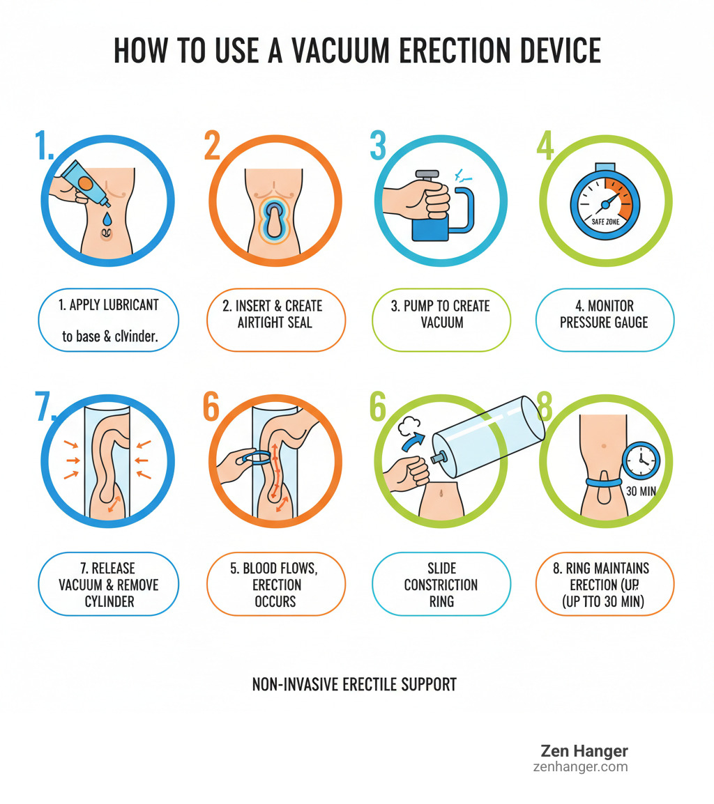 Detailed infographic showing the step-by-step process of using a penis pump: 1) Apply water-based lubricant to the base of the penis and cylinder opening, 2) Insert penis into the clear cylinder and create an airtight seal against the body, 3) Use the hand pump or electric mechanism to gradually remove air and create negative pressure, 4) Monitor the pressure gauge to ensure safe vacuum levels, 5) Blood flows into the corpus cavernosum as vacuum increases, creating an erection, 6) Once fully erect, slide the constriction ring from the cylinder base onto the penis base, 7) Release the vacuum using the pressure valve and remove the cylinder, 8) The constriction ring maintains the erection for up to 30 minutes - penis pump pictures infographic 