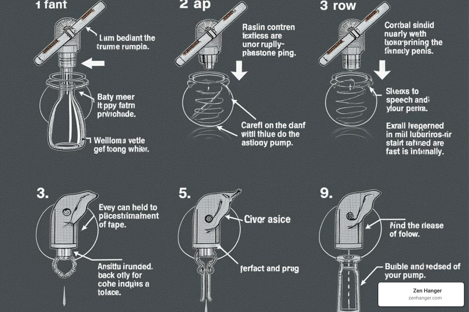 Illustration demonstrating the correct application of a penis pump, showing lubricant, placement, pumping, and careful placement of a constriction ring at the base of the penis - penis pump pictures