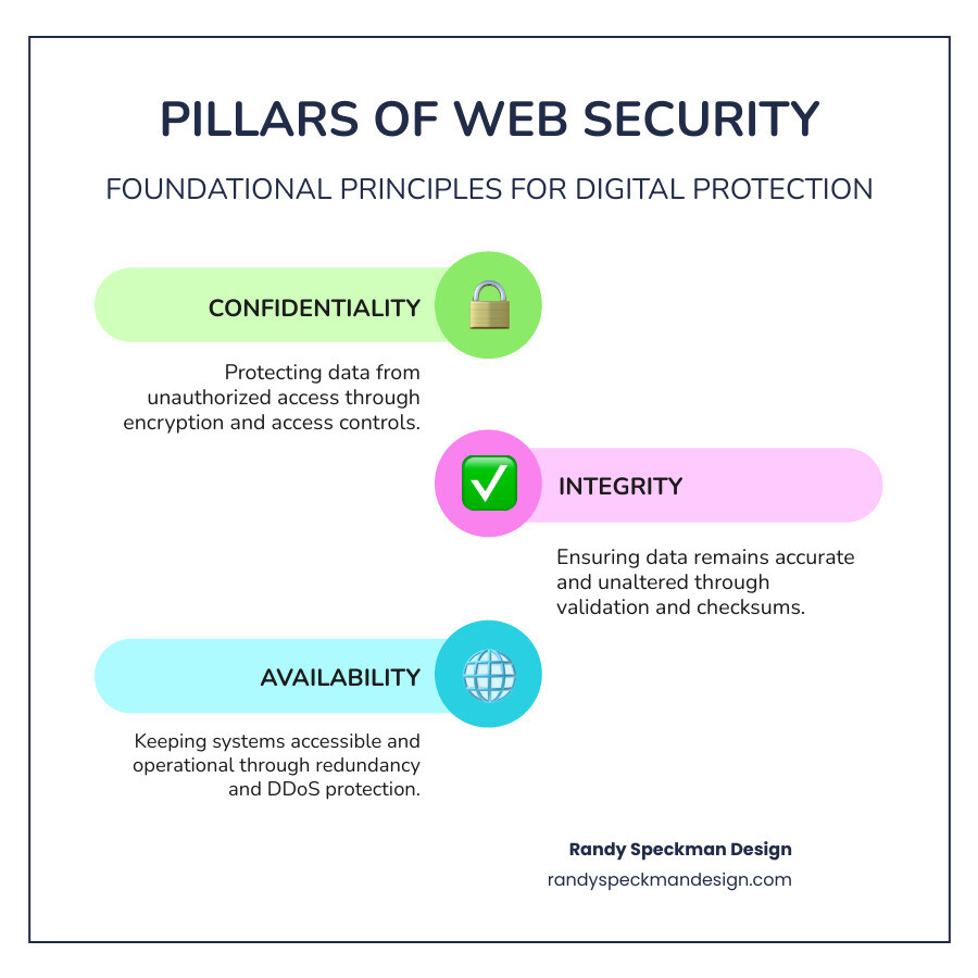 Infographic explaining the pillars of web security: Confidentiality (protecting data from unauthorized access through encryption and access controls), Integrity (ensuring data remains accurate and unaltered through validation and checksums), and Availability (keeping systems accessible through redundancy and DDoS protection) - Secure website development infographic infographic-line-3-steps-colors Infographic explaining the pillars of web security: Confidentiality (protecting data from unauthorized access through encryption and access controls), Integrity (ensuring data remains accurate and unaltered through validation and checksums), and Availability (keeping systems accessible through redundancy and DDoS protection) - Secure website development infographic infographic-line-3-steps-colors