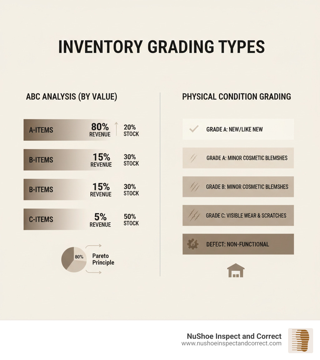 Infographic showing two main types of inventory grading: ABC Analysis (by value) with three tiers showing A-items at 80% revenue from 20% of stock, B-items at 15% revenue from 30% of stock, and C-items at 5% revenue from 50% of stock; and Physical Condition Grading with four levels showing Grade A as new/like new condition, Grade B with minor cosmetic blemishes, Grade C with visible wear and scratches, and Defect grade for non-functional items - inventory grading infographic Infographic showing two main types of inventory grading: ABC Analysis (by value) with three tiers showing A-items at 80% revenue from 20% of stock, B-items at 15% revenue from 30% of stock, and C-items at 5% revenue from 50% of stock; and Physical Condition Grading with four levels showing Grade A as new/like new condition, Grade B with minor cosmetic blemishes, Grade C with visible wear and scratches, and Defect grade for non-functional items - inventory grading infographic