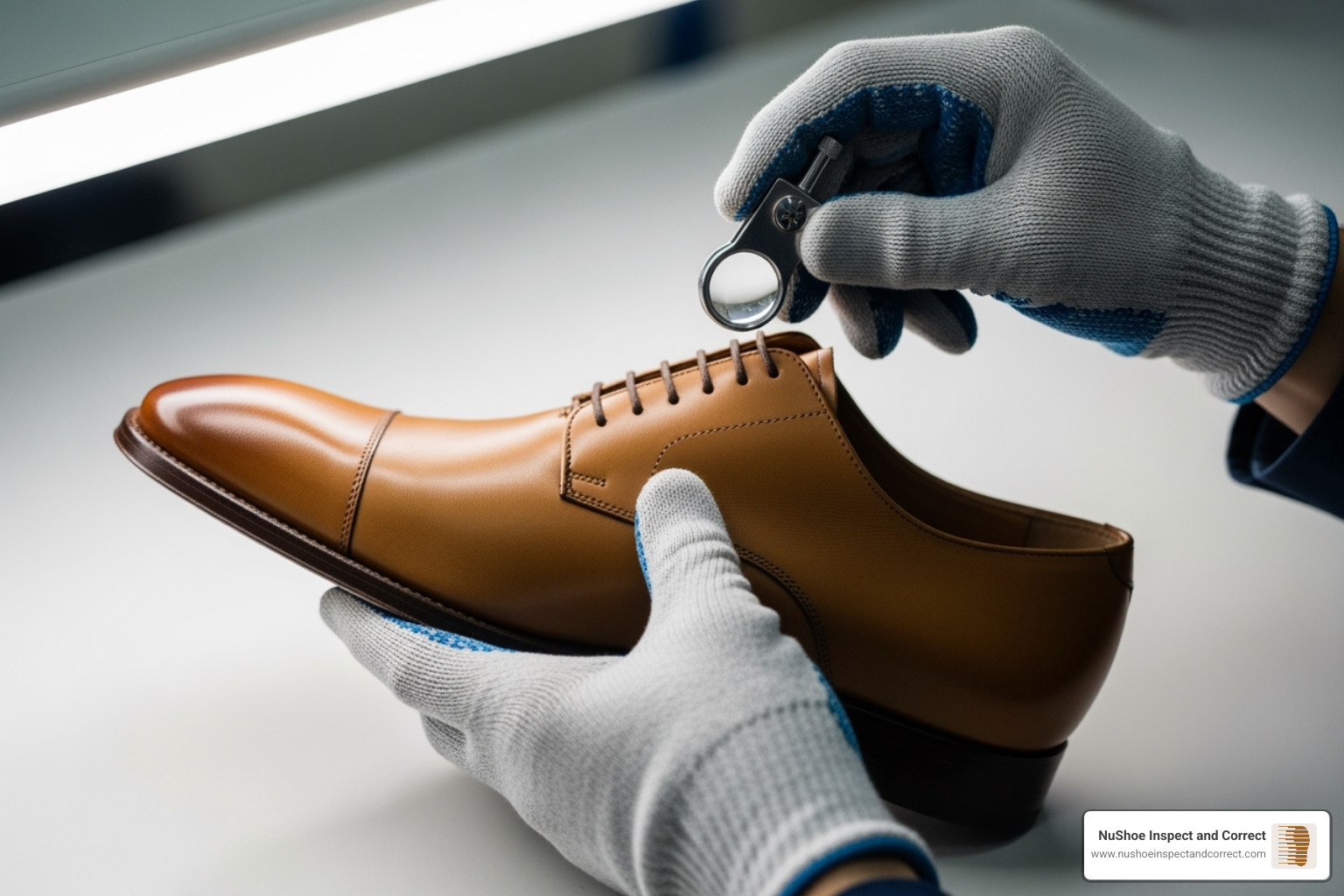 Image of a quality inspector closely examining a shoe for defects - inventory grading Image of a quality inspector closely examining a shoe for defects - inventory grading