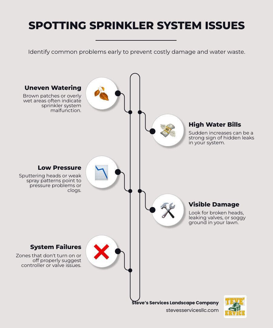 Infographic showing common signs of sprinkler system failure including dry brown patches in lawn indicating clogged or broken heads, puddles or swampy areas showing pipe leaks or stuck valves, unusually high water bills from hidden leaks, sputtering sprinkler heads from low pressure or clogs, visible damage to heads or pipes from physical impact, zones that won't activate indicating controller or valve issues, and water spraying on sidewalks or driveways from misaligned heads - Sprinkler System Repair Near Me infographic infographic-line-5-steps-elegant_beige