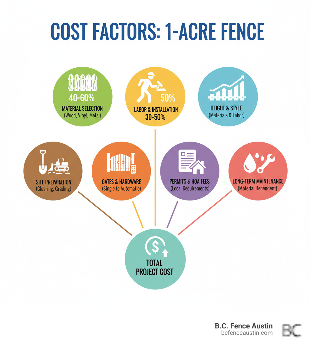 Infographic showing the key cost factors for fencing one acre: material selection (40-60% of cost), labor and installation (30-50% of cost), fence height and style (affects both material and labor), site preparation (clearing, grading, old fence removal), gates and hardware (single gates to automatic openers), permits and HOA fees (local requirements), and long-term maintenance (varies by material type) - cost privacy fence 1 acre infographic  Infographic showing the key cost factors for fencing one acre: material selection (40-60% of cost), labor and installation (30-50% of cost), fence height and style (affects both material and labor), site preparation (clearing, grading, old fence removal), gates and hardware (single gates to automatic openers), permits and HOA fees (local requirements), and long-term maintenance (varies by material type) - cost privacy fence 1 acre infographic