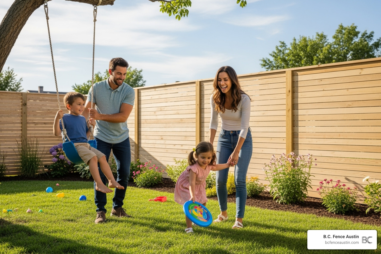 Happy family enjoying their private, newly fenced backyard - cost privacy fence 1 acre Happy family enjoying their private, newly fenced backyard - cost privacy fence 1 acre