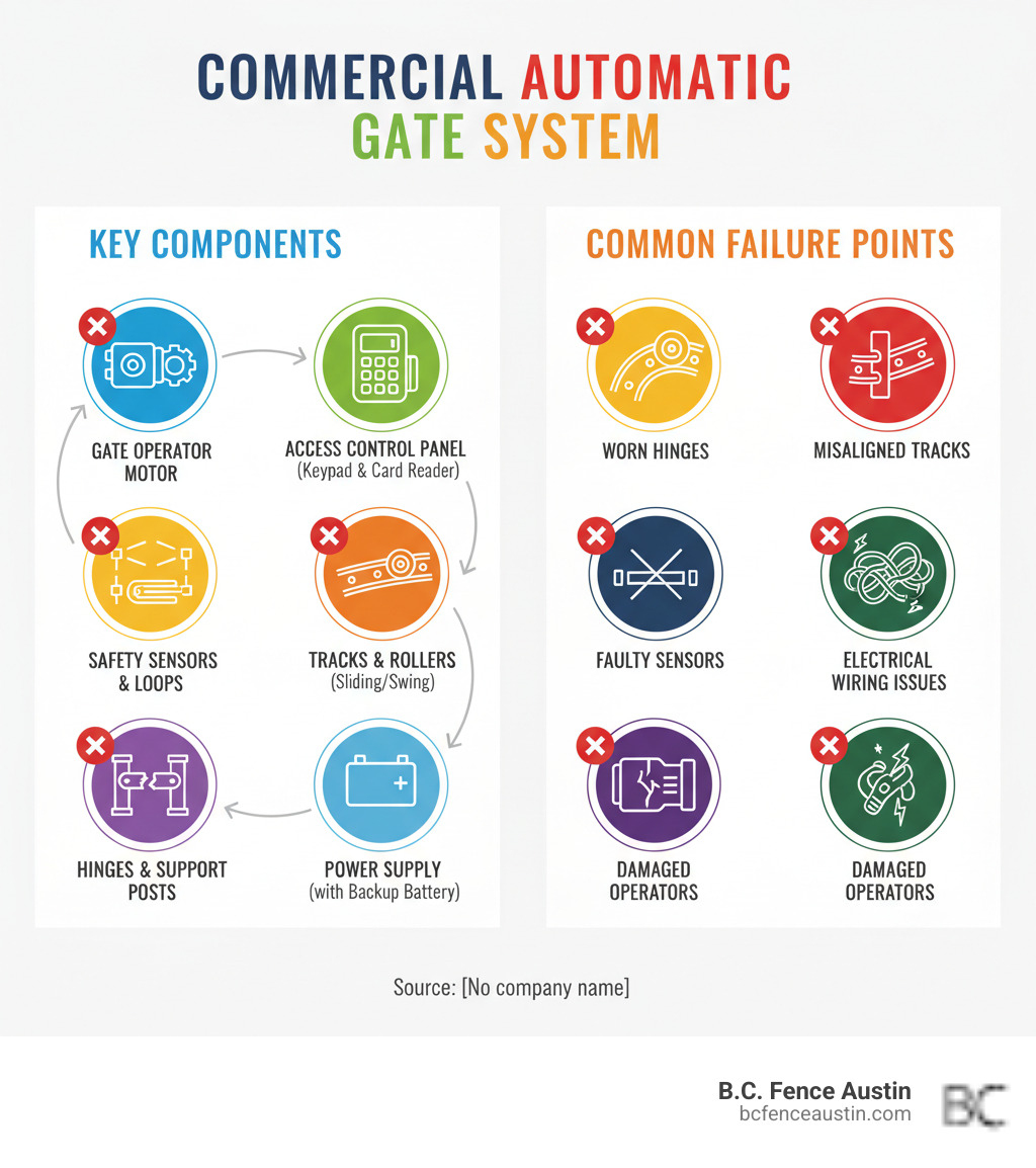 Infographic showing the key components of a commercial automatic gate system including gate operator motor, access control panel with keypad and card reader, safety photocell sensors and loops, sliding or swing gate tracks and rollers, hinges and support posts, power supply with backup battery, and common failure points like worn hinges, misaligned tracks, faulty sensors, electrical wiring issues, and damaged operators - commercial gate repair infographic  Infographic showing the key components of a commercial automatic gate system including gate operator motor, access control panel with keypad and card reader, safety photocell sensors and loops, sliding or swing gate tracks and rollers, hinges and support posts, power supply with backup battery, and common failure points like worn hinges, misaligned tracks, faulty sensors, electrical wiring issues, and damaged operators - commercial gate repair infographic