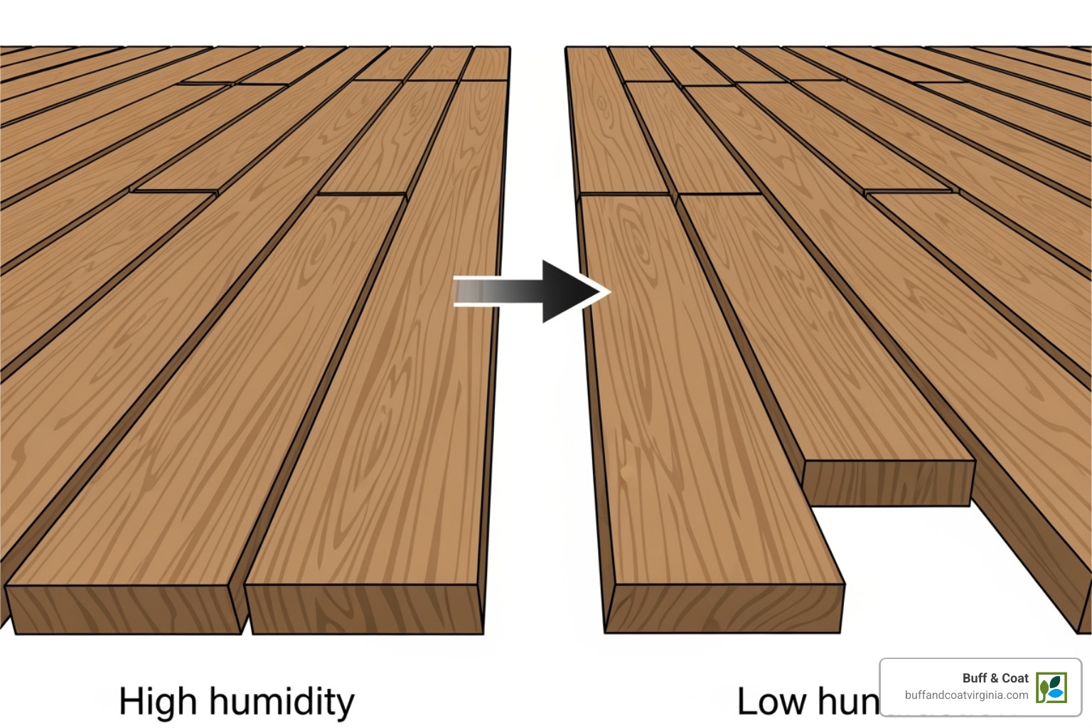 Diagram illustrating wood expansion and contraction due to humidity, showing gaps forming and closing in floorboards. - squeaky hardwood floor repair richmond Diagram illustrating wood expansion and contraction due to humidity, showing gaps forming and closing in floorboards. - squeaky hardwood floor repair richmond