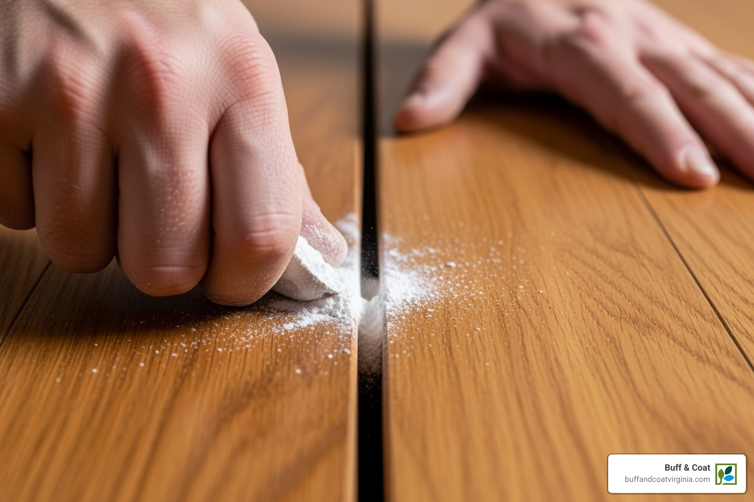 Person applying powdered graphite between hardwood floorboards to reduce friction and silence squeaks. - squeaky hardwood floor repair richmond Person applying powdered graphite between hardwood floorboards to reduce friction and silence squeaks. - squeaky hardwood floor repair richmond