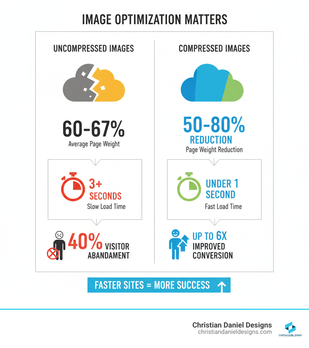 Infographic showing how uncompressed images make up 60-67% of average page weight, leading to slow load times of 3+ seconds, resulting in 40% visitor abandonment, while compressed images reduce page weight by 50-80%, achieving load times under 1 second, and improving conversion rates by up to 6x - WordPress image compression infographic  Infographic showing how uncompressed images make up 60-67% of average page weight, leading to slow load times of 3+ seconds, resulting in 40% visitor abandonment, while compressed images reduce page weight by 50-80%, achieving load times under 1 second, and improving conversion rates by up to 6x - WordPress image compression infographic