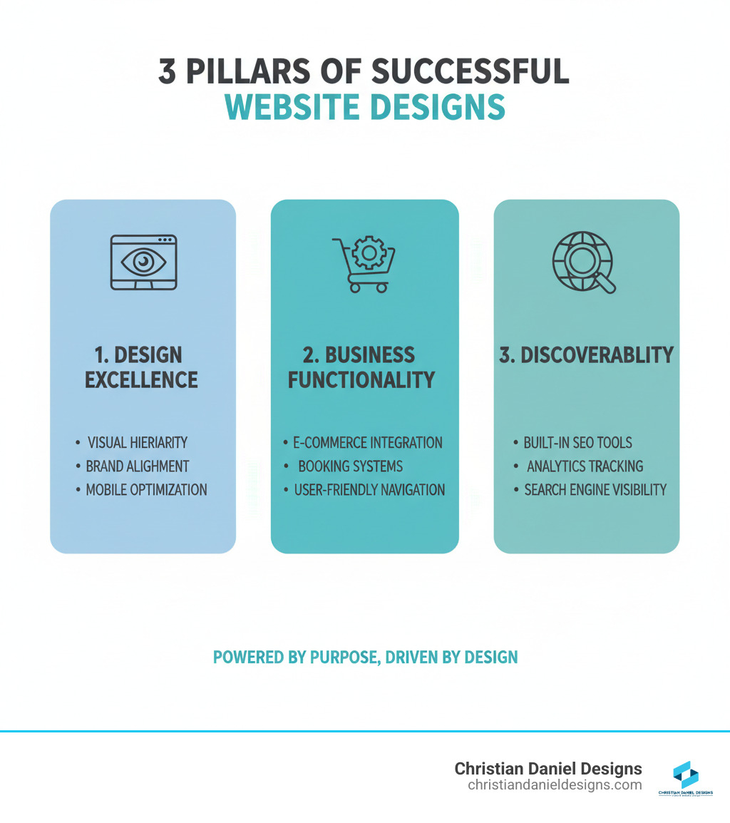 Infographic showing the 3 Pillars of Successful Squarespace Website Designs: 1) Design Excellence (visual hierarchy, brand alignment, mobile optimization), 2) Business Functionality (e-commerce integration, booking systems, user-friendly navigation), and 3) Discoverability (built-in SEO tools, analytics tracking, search engine visibility) - squarespace website designs infographic Infographic showing the 3 Pillars of Successful Squarespace Website Designs: 1) Design Excellence (visual hierarchy, brand alignment, mobile optimization), 2) Business Functionality (e-commerce integration, booking systems, user-friendly navigation), and 3) Discoverability (built-in SEO tools, analytics tracking, search engine visibility) - squarespace website designs infographic