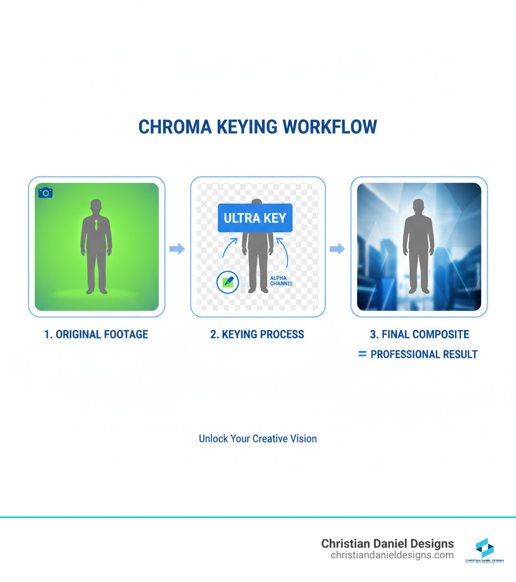 Infographic showing the chroma keying workflow: A subject filmed against a green background is processed through keying (which removes the green color) to create a transparent alpha channel, then composited over a new background image or video to create the final polished result. The graphic shows three stages: 1) Subject + Green Background (original footage), 2) Keying Process (Ultra Key removes green, creates transparency), 3) Subject + New Background = Final Composite (professional result). - Green screen Premiere Pro infographic 
