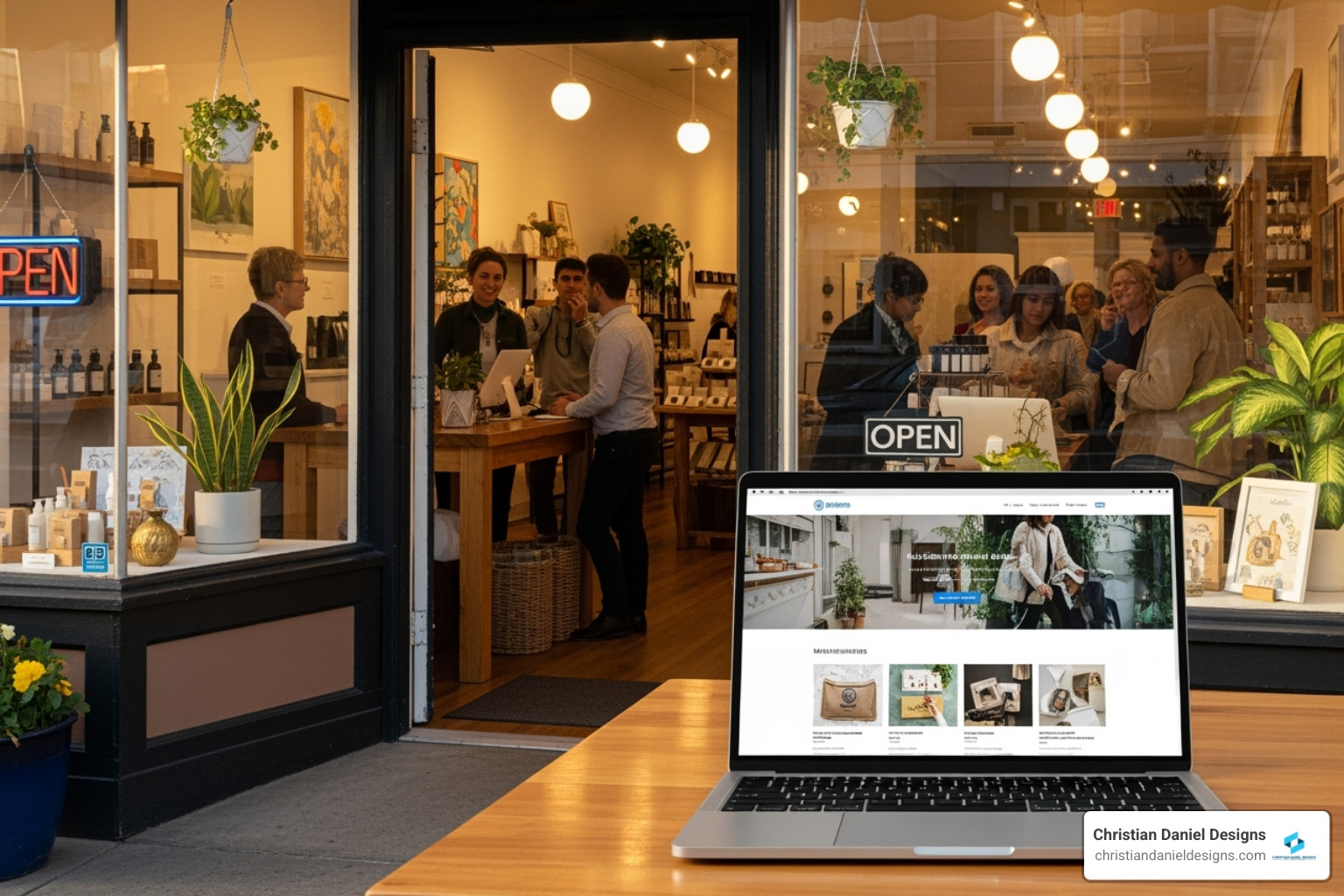 thriving small business storefront with laptop showing website - Small business web design