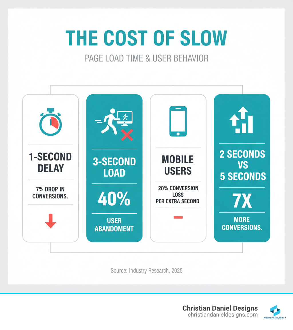 infographic showing the impact of page load time on user behavior: 1-second delay causes 7% drop in conversions, 3-second load time leads to 40% user abandonment, mobile users experience up to 20% conversion loss per extra second, and websites loading in 2 seconds see 7 times more conversions than those taking 5 seconds - Fast loading website design infographic 