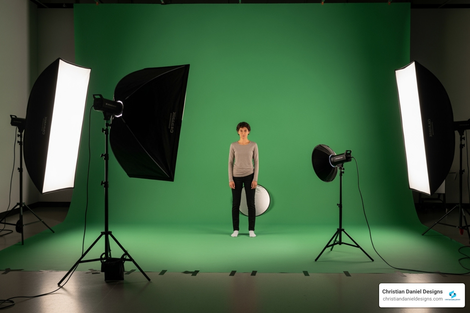 Image of a proper three-point lighting setup for a subject in front of an evenly lit green screen - Green screen Premiere Pro