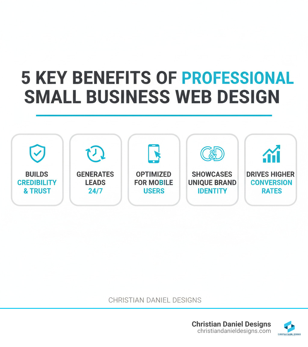infographic showing five key benefits of professional small business web design: builds credibility and trust, generates leads 24/7, optimized for mobile users, showcases unique brand identity, and drives higher conversion rates - Small business web design infographic 