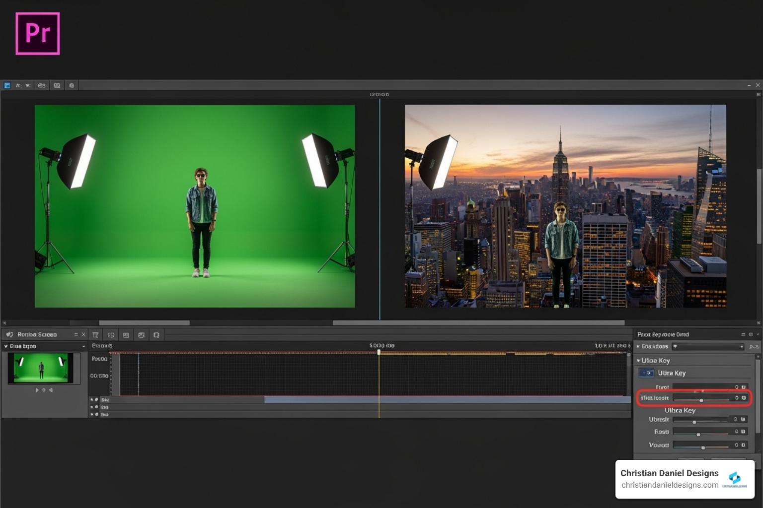 Image of the Premiere Pro Effect Controls panel highlighting the Matte Cleanup and Spill Suppression settings - Green screen Premiere Pro