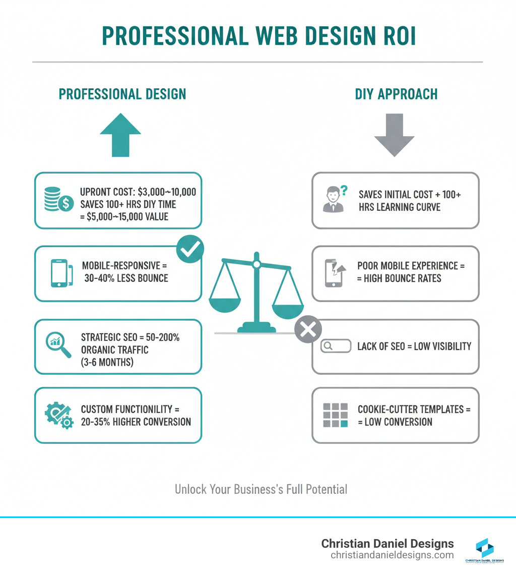 Infographic showing the return on investment of professional Squarespace web design: Professional design costs $3,000-$10,000 upfront but saves 100+ hours of DIY time valued at $5,000-$15,000, delivers mobile-responsive design that reduces bounce rates by 30-40%, includes strategic SEO setup that increases organic traffic by 50-200% within 3-6 months, and provides custom functionality that increases conversion rates by 20-35% compared to basic templates. DIY approach saves initial cost but requires 100+ hours of learning and building, often results in poor mobile experience and high bounce rates, lacks professional SEO optimization leading to low search visibility, and uses cookie-cutter templates that fail to convert visitors into customers. - squarespace design near me infographic  Infographic showing the return on investment of professional Squarespace web design: Professional design costs $3,000-$10,000 upfront but saves 100+ hours of DIY time valued at $5,000-$15,000, delivers mobile-responsive design that reduces bounce rates by 30-40%, includes strategic SEO setup that increases organic traffic by 50-200% within 3-6 months, and provides custom functionality that increases conversion rates by 20-35% compared to basic templates. DIY approach saves initial cost but requires 100+ hours of learning and building, often results in poor mobile experience and high bounce rates, lacks professional SEO optimization leading to low search visibility, and uses cookie-cutter templates that fail to convert visitors into customers. - squarespace design near me infographic
