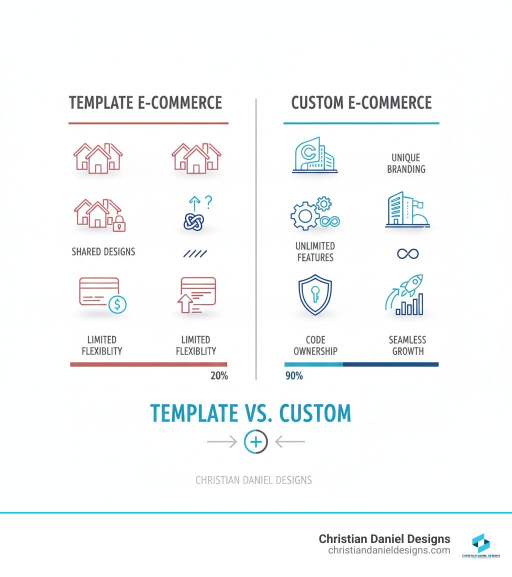 Infographic comparing template vs custom e-commerce: Shows template sites with limited flexibility, shared designs, platform fees, and scaling issues on left side; custom solutions with unique branding, unlimited features, code ownership, and seamless growth on right side - custom e-commerce solution infographic 