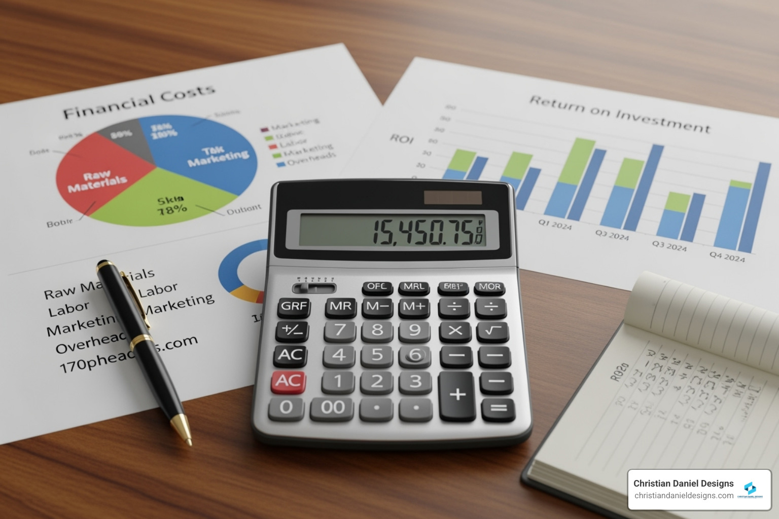 calculator and charts showing cost breakdown and ROI projection - custom e-commerce solution