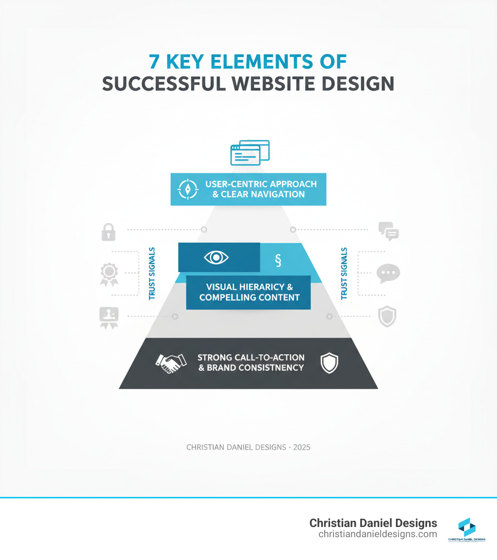infographic showing the 7 key elements of successful website design: user-centric approach with clear navigation at the top, visual hierarchy and compelling content in the middle, strong call-to-action and brand consistency at the foundation, and trust signals supporting all elements - website designs infographic 