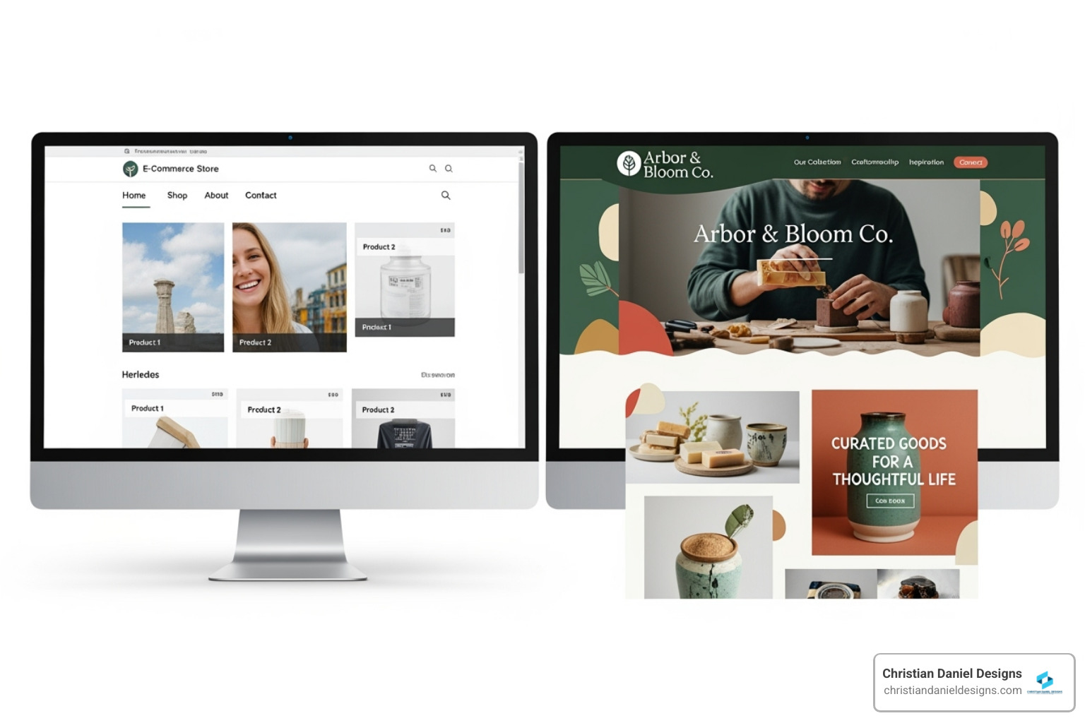 split-screen showing a generic template site vs. a unique branded custom site - custom e-commerce solution