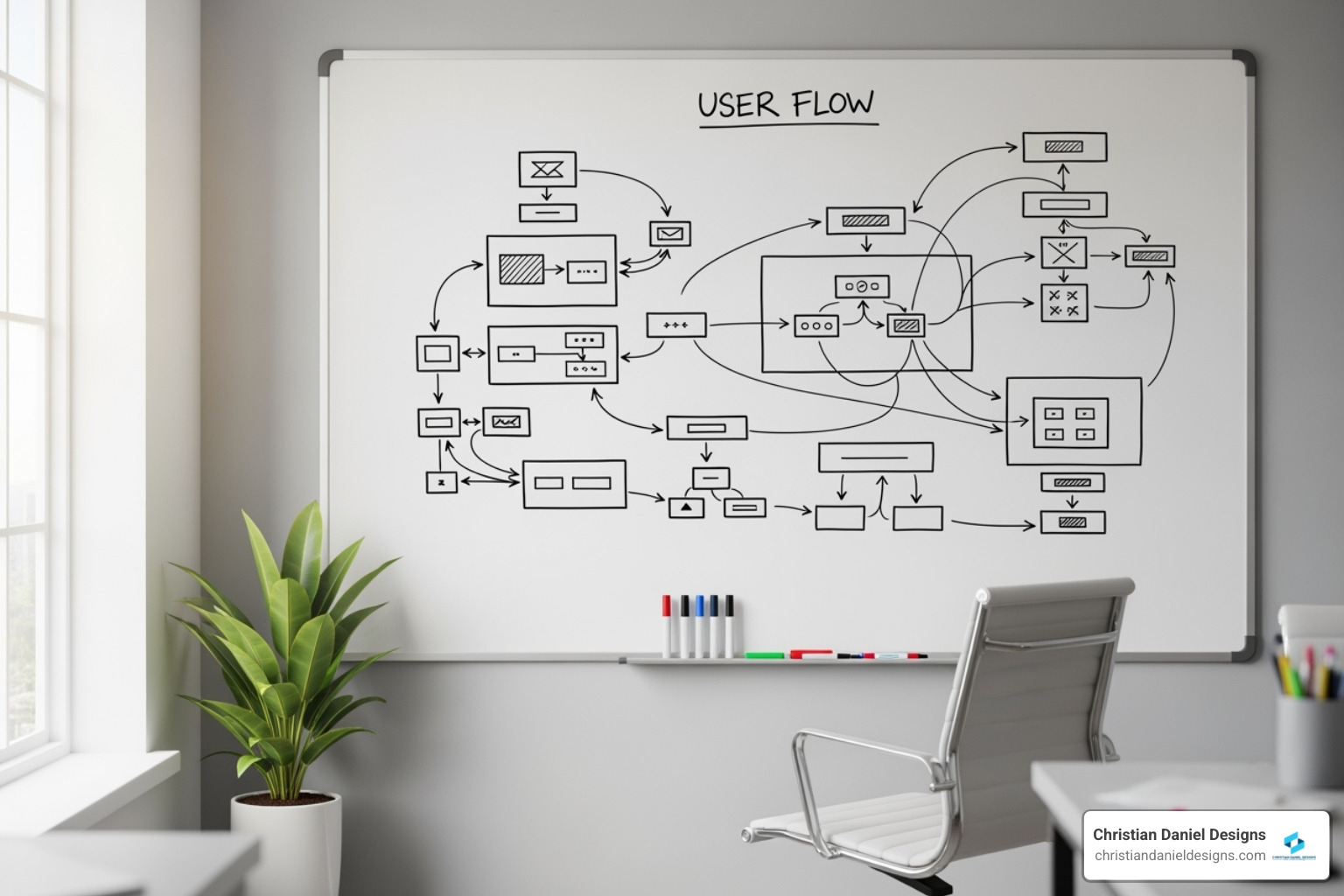whiteboard with a sitemap and user flow diagram - custom e-commerce solution
