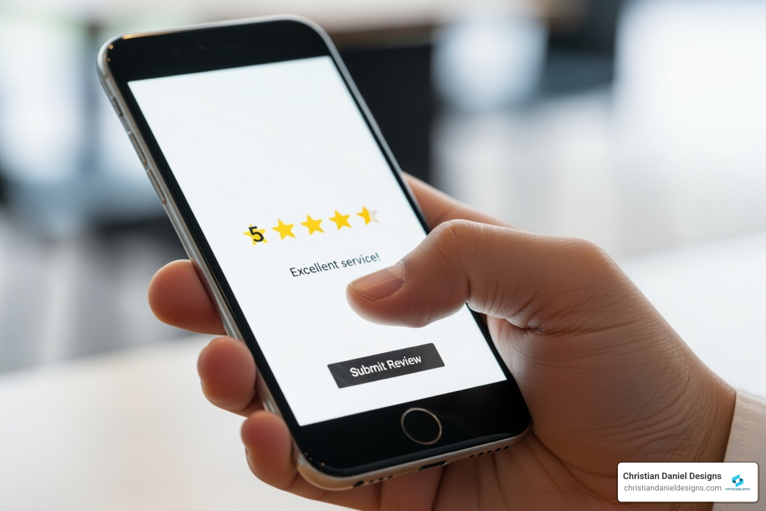 A customer leaving a 5-star review on a smartphone - Small business online marketing