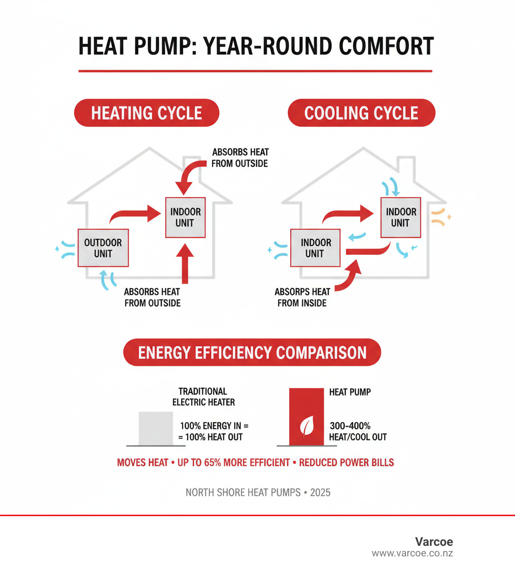 Infographic explaining the heat pump heating and cooling cycle with energy efficiency comparison - north shore heat pumps infographic 